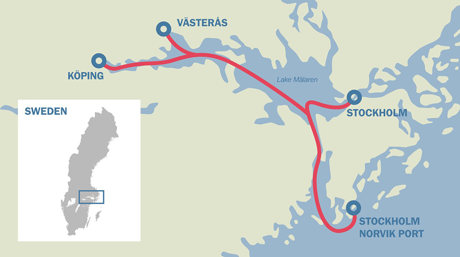 Map of the inland waterway in the greater Stockholm region