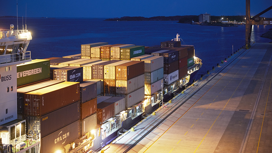 Container ship at quay at night